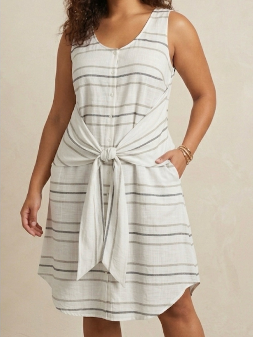 Eloquii Sleeveless Striped Front Tie Draped Button Front Dress Neutral Size‎ 24